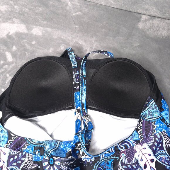 Paisley Print Tankini Top Cross-Back Straps Built-In Bra 2XL UPF50+ Blue - Picture 3 of 4